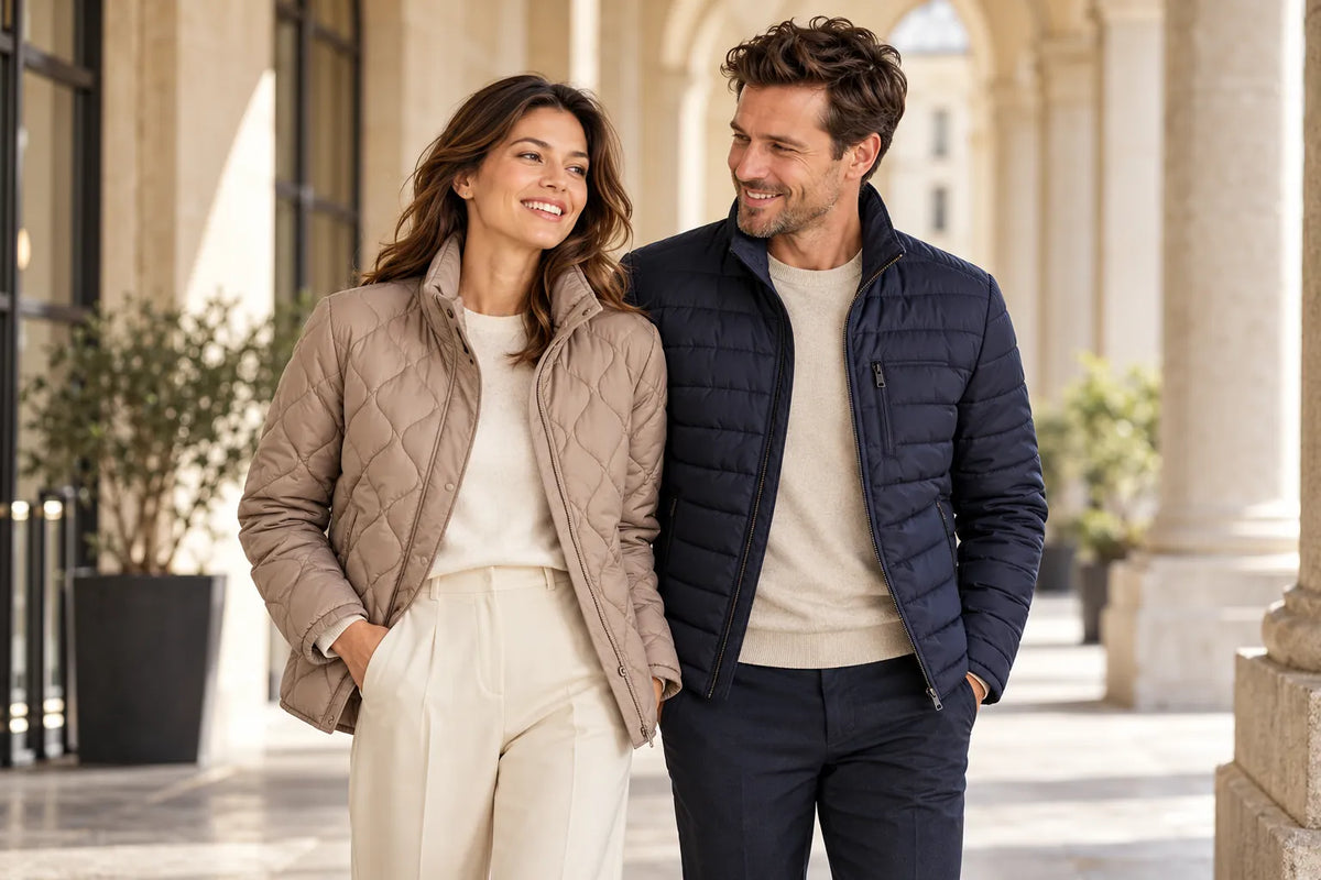 Mujer con chaqueta acolchada color topo junto a un hombre con chaqueta acolchada azul marino.
