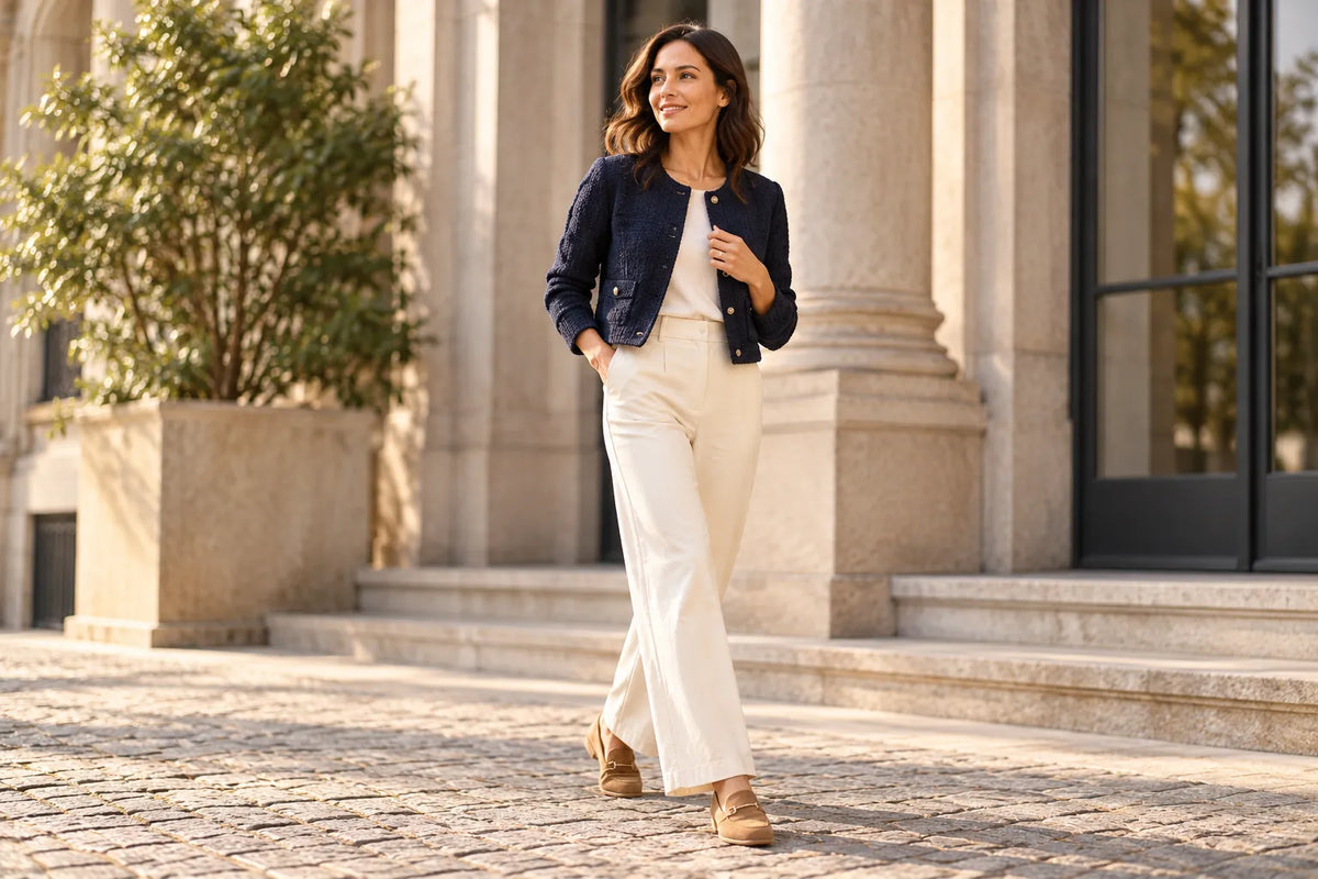 Vrouw met een kort donkerblauw jasje, ecru broek en camel loafers.